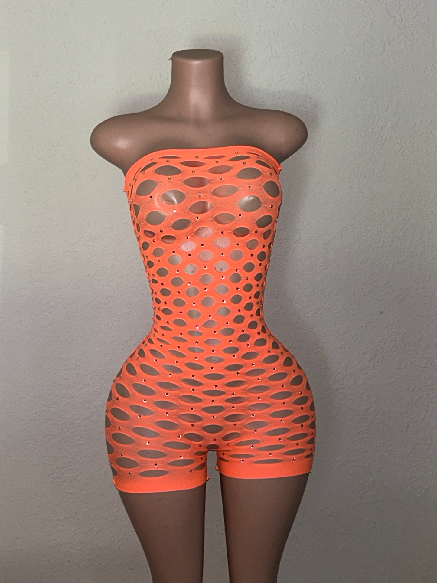 Orange  Bling Fishnet Tube Romper