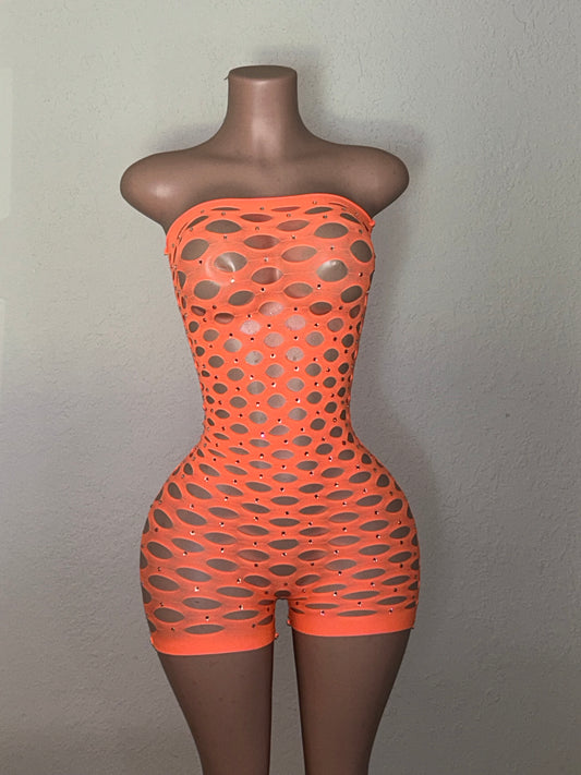 Orange  Bling Fishnet Tube Romper